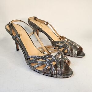 Kate Spade Silver Metallic Heels Women's 8B Peep Toe Slingback Strappy Pumps